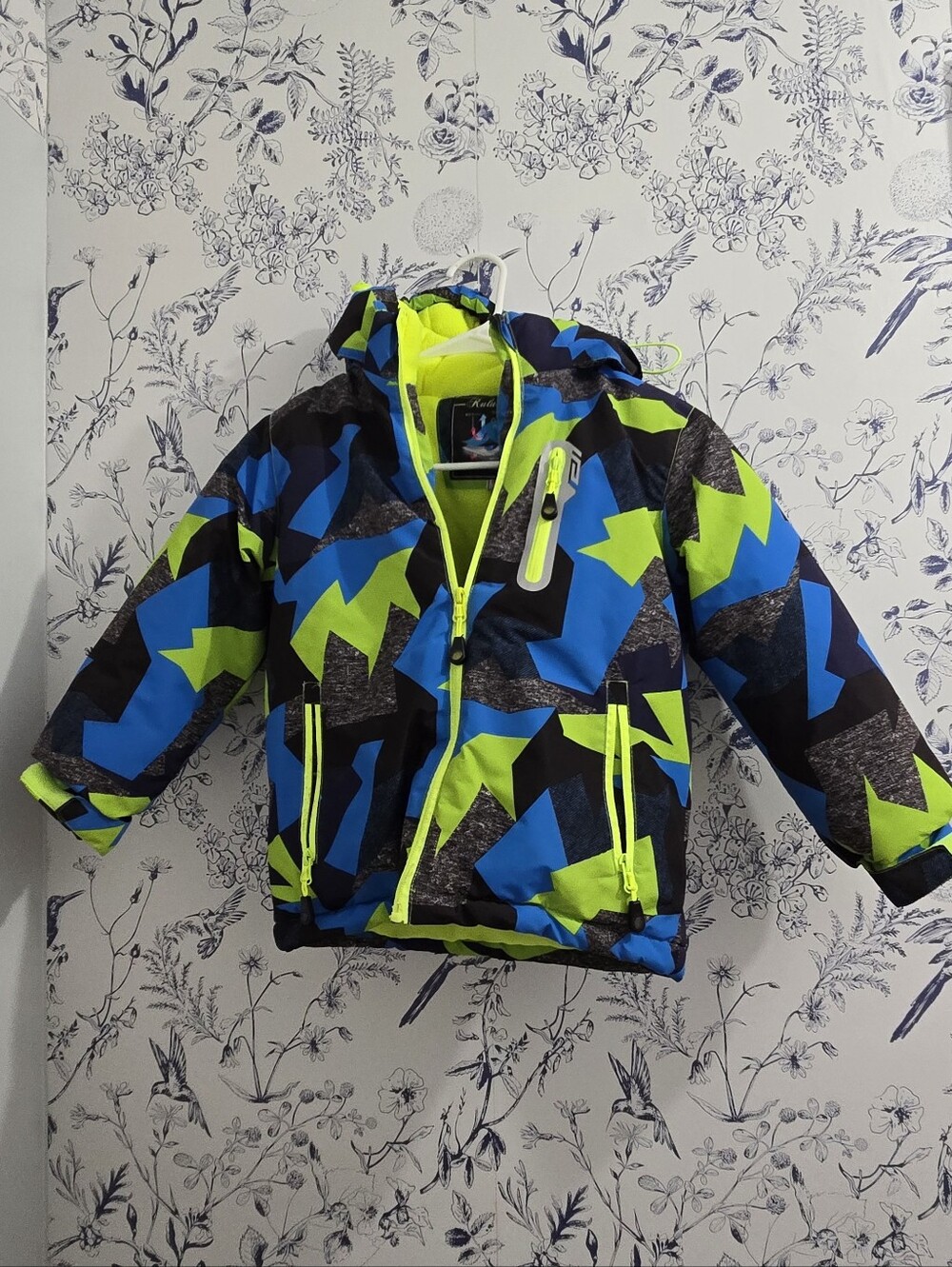 Kids Neon Green & Blue Geometric Winter Jacket